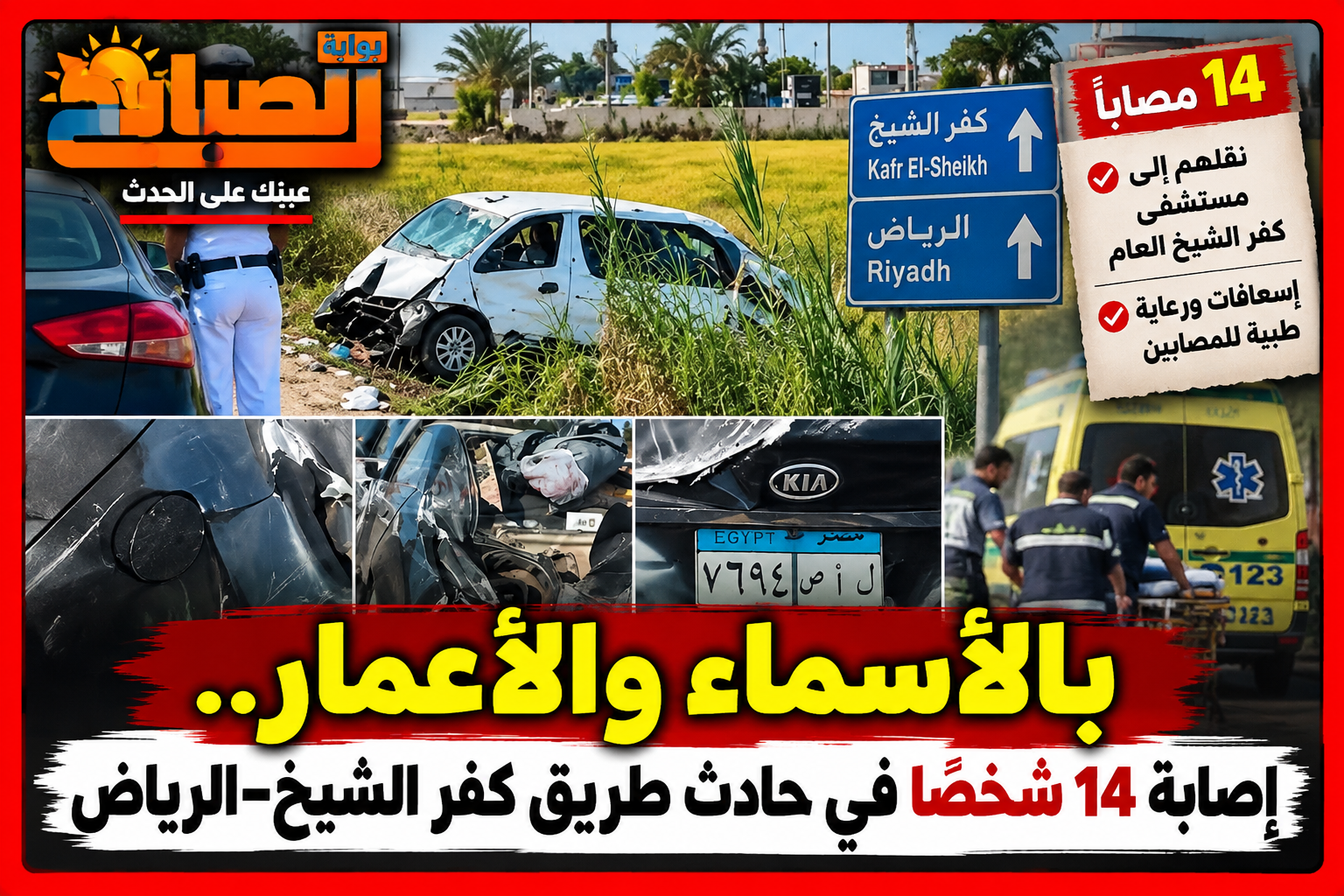 بالأسماء.. 14 مصابًا في تصادم ملاكي وميكروباص وانقلابه بطريق كفر الشيخ–الرياض